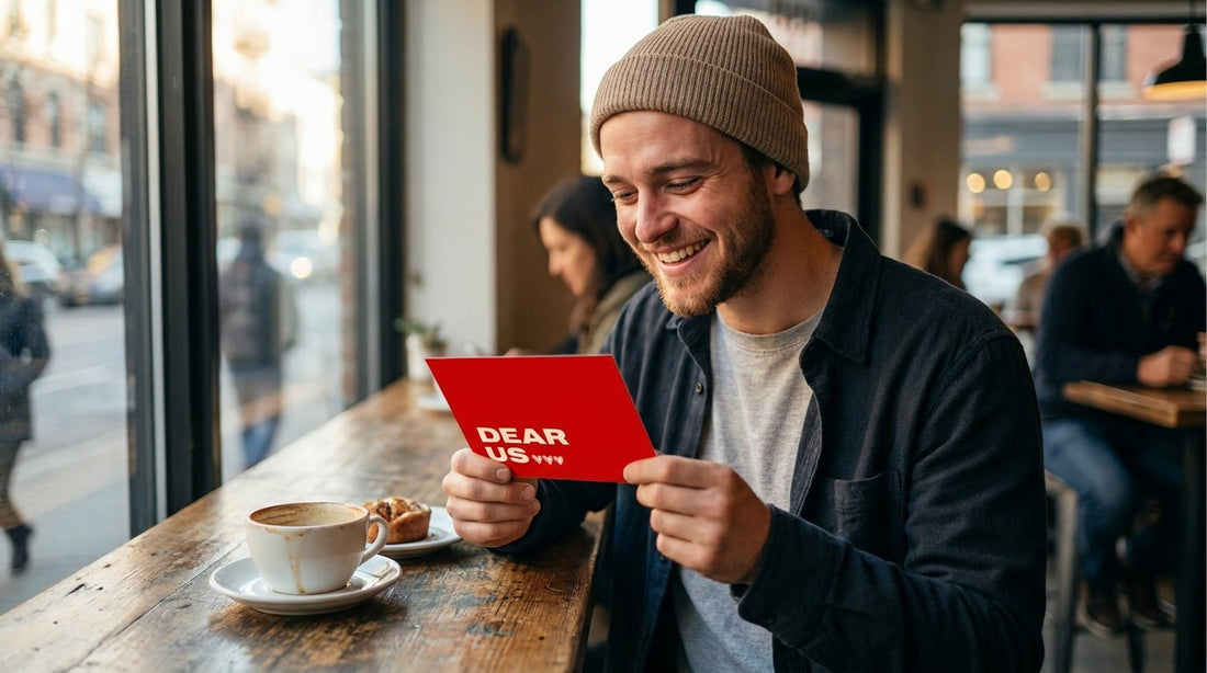 Un homme lit une lettre de sa copine et sourit