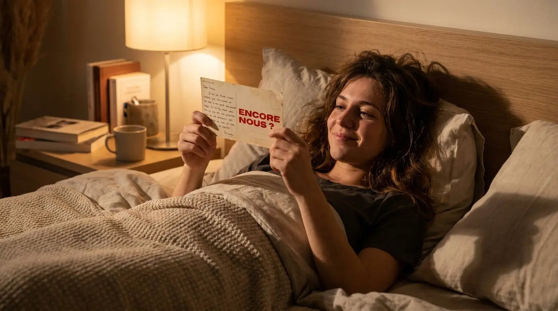 Femme qui lit une lettre dans son lit et sourit