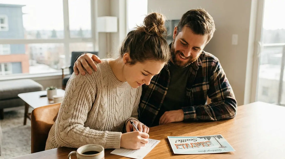 Couple écrivant une lettre ensemble pour le futur