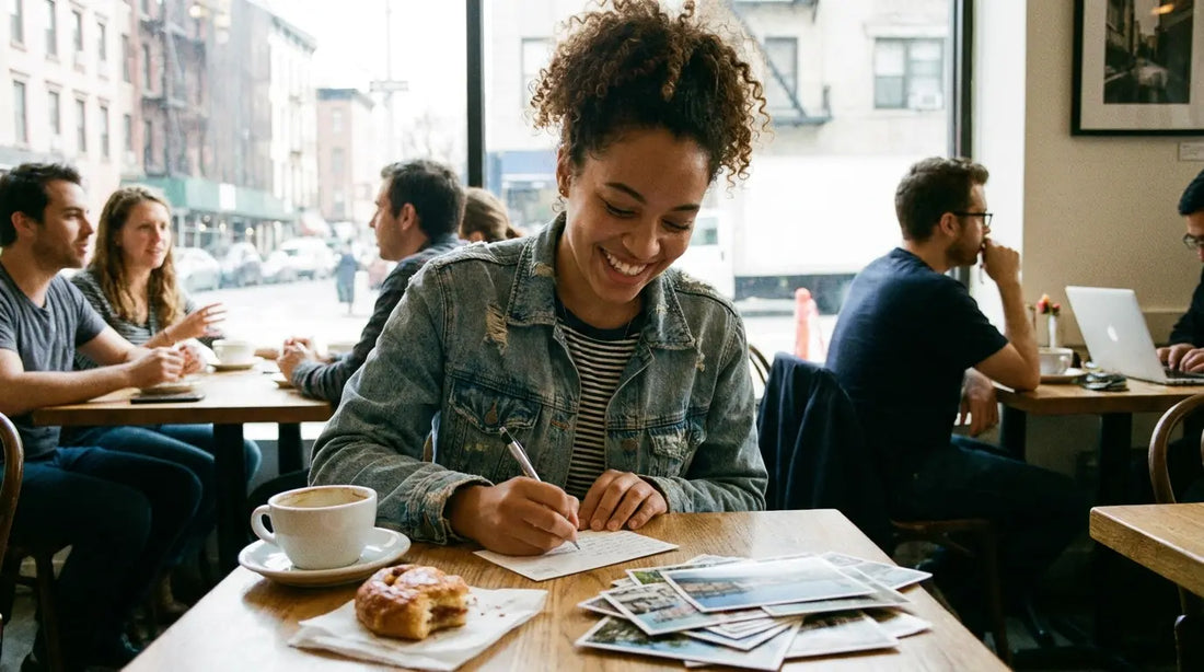 Femme sourit en écrivant sa carte dans un café