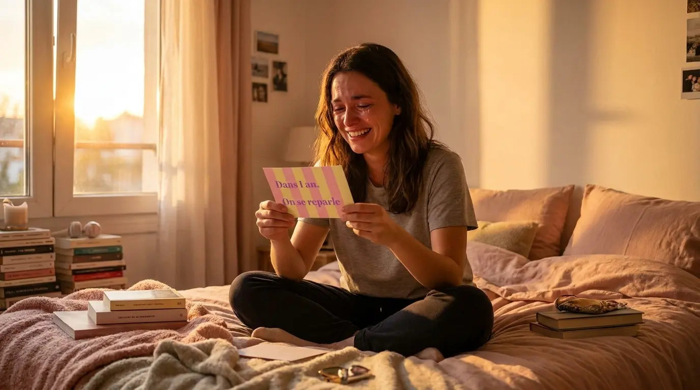 Femme lisant une carte postale reçue dans le futur